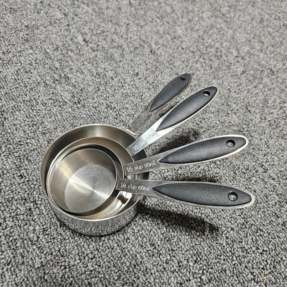 Stainless Steel‎ Measuring Cup Set 4 Piece Black Soft Grip Handles 250mL-60mL